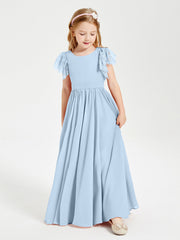 Abiti Damigella Junior In Chiffon Pizzo Maniche A Farfalla Scollo Rotondo Blu Cielo