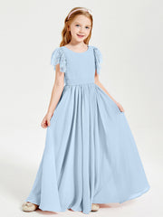 Abiti Damigella Junior In Chiffon Pizzo Maniche A Farfalla Scollo Rotondo Blu Cielo