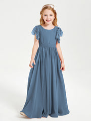 Abiti Damigella Junior In Chiffon Pizzo Maniche A Farfalla Scollo Rotondo Blu Ardesia