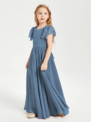 Abiti Damigella Junior In Chiffon Pizzo Maniche A Farfalla Scollo Rotondo Blu Ardesia