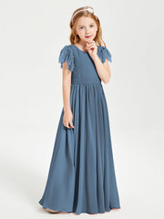 Abiti Damigella Junior In Chiffon Pizzo Maniche A Farfalla Scollo Rotondo Blu Ardesia