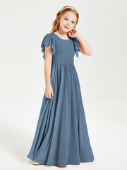 Abiti Damigella Junior In Chiffon Pizzo Maniche A Farfalla Scollo Rotondo Blu Ardesia