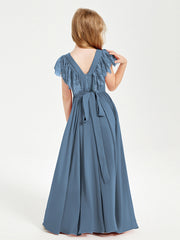 Abiti Damigella Junior In Chiffon Pizzo Maniche A Farfalla Scollo Rotondo Blu Ardesia