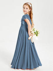 Abiti Damigella Junior In Chiffon Pizzo Maniche A Farfalla Scollo Rotondo Blu Ardesia