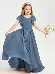 Abiti Damigella Junior In Chiffon Pizzo Maniche A Farfalla Scollo Rotondo Blu Ardesia
