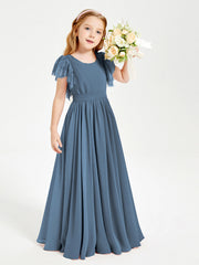 Abiti Damigella Junior In Chiffon Pizzo Maniche A Farfalla Scollo Rotondo Blu Ardesia