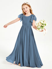 Abiti Damigella Junior In Chiffon Pizzo Maniche A Farfalla Scollo Rotondo Blu Ardesia