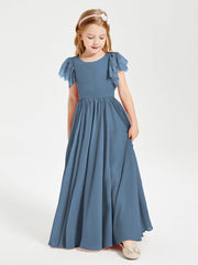 Abiti Damigella Junior In Chiffon Pizzo Maniche A Farfalla Scollo Rotondo Blu Ardesia