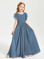 Abiti Damigella Junior In Chiffon Pizzo Maniche A Farfalla Scollo Rotondo Blu Ardesia