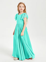 Abiti Damigella Junior In Chiffon Pizzo Maniche A Farfalla Scollo Rotondo Azzurro Spa