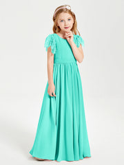 Abiti Damigella Junior In Chiffon Pizzo Maniche A Farfalla Scollo Rotondo Azzurro Spa