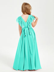 Abiti Damigella Junior In Chiffon Pizzo Maniche A Farfalla Scollo Rotondo Azzurro Spa