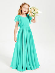 Abiti Damigella Junior In Chiffon Pizzo Maniche A Farfalla Scollo Rotondo Azzurro Spa