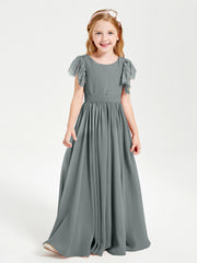 Abiti Damigella Junior In Chiffon Pizzo Maniche A Farfalla Scollo Rotondo Grigio Acciaio