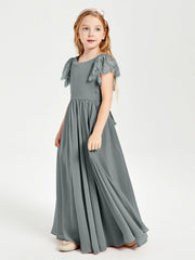 Abiti Damigella Junior In Chiffon Pizzo Maniche A Farfalla Scollo Rotondo Grigio Acciaio