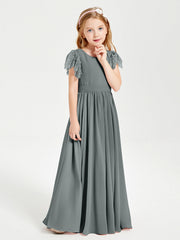 Abiti Damigella Junior In Chiffon Pizzo Maniche A Farfalla Scollo Rotondo Grigio Acciaio