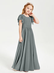 Abiti Damigella Junior In Chiffon Pizzo Maniche A Farfalla Scollo Rotondo Grigio Acciaio