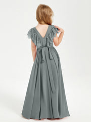 Abiti Damigella Junior In Chiffon Pizzo Maniche A Farfalla Scollo Rotondo Grigio Acciaio