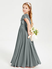 Abiti Damigella Junior In Chiffon Pizzo Maniche A Farfalla Scollo Rotondo Grigio Acciaio