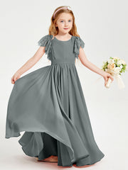 Abiti Damigella Junior In Chiffon Pizzo Maniche A Farfalla Scollo Rotondo Grigio Acciaio