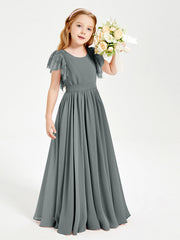 Abiti Damigella Junior In Chiffon Pizzo Maniche A Farfalla Scollo Rotondo Grigio Acciaio