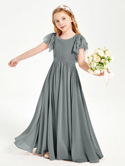 Abiti Damigella Junior In Chiffon Pizzo Maniche A Farfalla Scollo Rotondo Grigio Acciaio