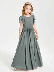 Abiti Damigella Junior In Chiffon Pizzo Maniche A Farfalla Scollo Rotondo Grigio Acciaio