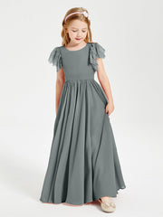 Abiti Damigella Junior In Chiffon Pizzo Maniche A Farfalla Scollo Rotondo Grigio Acciaio