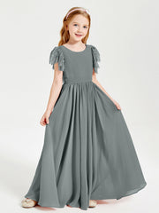 Abiti Damigella Junior In Chiffon Pizzo Maniche A Farfalla Scollo Rotondo Grigio Acciaio