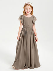 Abiti Damigella Junior In Chiffon Pizzo Maniche A Farfalla Scollo Rotondo Tortora