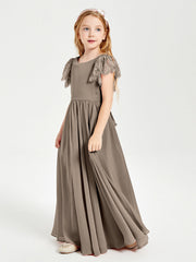 Abiti Damigella Junior In Chiffon Pizzo Maniche A Farfalla Scollo Rotondo Tortora