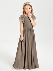 Abiti Damigella Junior In Chiffon Pizzo Maniche A Farfalla Scollo Rotondo Tortora