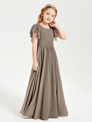 Abiti Damigella Junior In Chiffon Pizzo Maniche A Farfalla Scollo Rotondo Tortora
