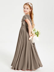 Abiti Damigella Junior In Chiffon Pizzo Maniche A Farfalla Scollo Rotondo Tortora