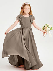 Abiti Damigella Junior In Chiffon Pizzo Maniche A Farfalla Scollo Rotondo Tortora