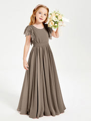 Abiti Damigella Junior In Chiffon Pizzo Maniche A Farfalla Scollo Rotondo Tortora