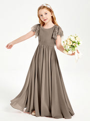Abiti Damigella Junior In Chiffon Pizzo Maniche A Farfalla Scollo Rotondo Tortora