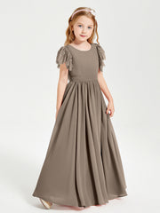 Abiti Damigella Junior In Chiffon Pizzo Maniche A Farfalla Scollo Rotondo Tortora