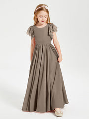 Abiti Damigella Junior In Chiffon Pizzo Maniche A Farfalla Scollo Rotondo Tortora