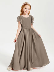 Abiti Damigella Junior In Chiffon Pizzo Maniche A Farfalla Scollo Rotondo Tortora