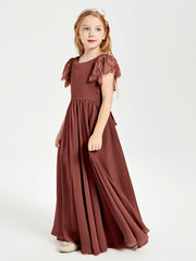 Abiti Damigella Junior In Chiffon Pizzo Maniche A Farfalla Scollo Rotondo Terracotta
