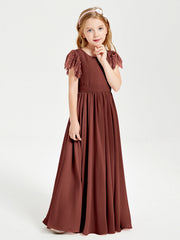 Abiti Damigella Junior In Chiffon Pizzo Maniche A Farfalla Scollo Rotondo Terracotta