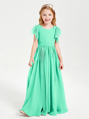 Abiti Damigella Junior In Chiffon Pizzo Maniche A Farfalla Scollo Rotondo Turchese