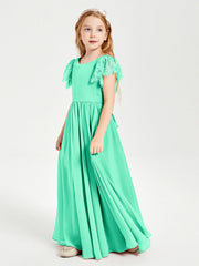 Abiti Damigella Junior In Chiffon Pizzo Maniche A Farfalla Scollo Rotondo Turchese