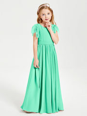 Abiti Damigella Junior In Chiffon Pizzo Maniche A Farfalla Scollo Rotondo Turchese