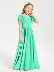 Abiti Damigella Junior In Chiffon Pizzo Maniche A Farfalla Scollo Rotondo Turchese