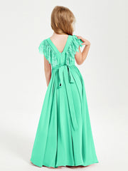 Abiti Damigella Junior In Chiffon Pizzo Maniche A Farfalla Scollo Rotondo Turchese