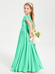 Abiti Damigella Junior In Chiffon Pizzo Maniche A Farfalla Scollo Rotondo Turchese