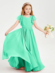 Abiti Damigella Junior In Chiffon Pizzo Maniche A Farfalla Scollo Rotondo Turchese
