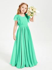 Abiti Damigella Junior In Chiffon Pizzo Maniche A Farfalla Scollo Rotondo Turchese